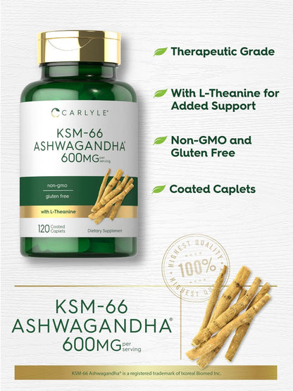 Carlyle KSM-66 Ashwagandha Wurzelextrakt 600 mg | 120 vegane Tabletten | Nahrungsergänzung mit L-Theanin | Nicht-GVO, glutenfrei