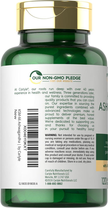 Carlyle KSM-66 Ashwagandha Wurzelextrakt 600 mg | 120 vegane Tabletten | Nahrungsergänzung mit L-Theanin | Nicht-GVO, glutenfrei