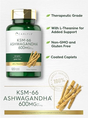 Carlyle KSM-66 Ashwagandha Wurzelextrakt 600 mg | 120 vegane Tabletten | Nahrungsergänzung mit L-Theanin | Nicht-GVO, glutenfrei