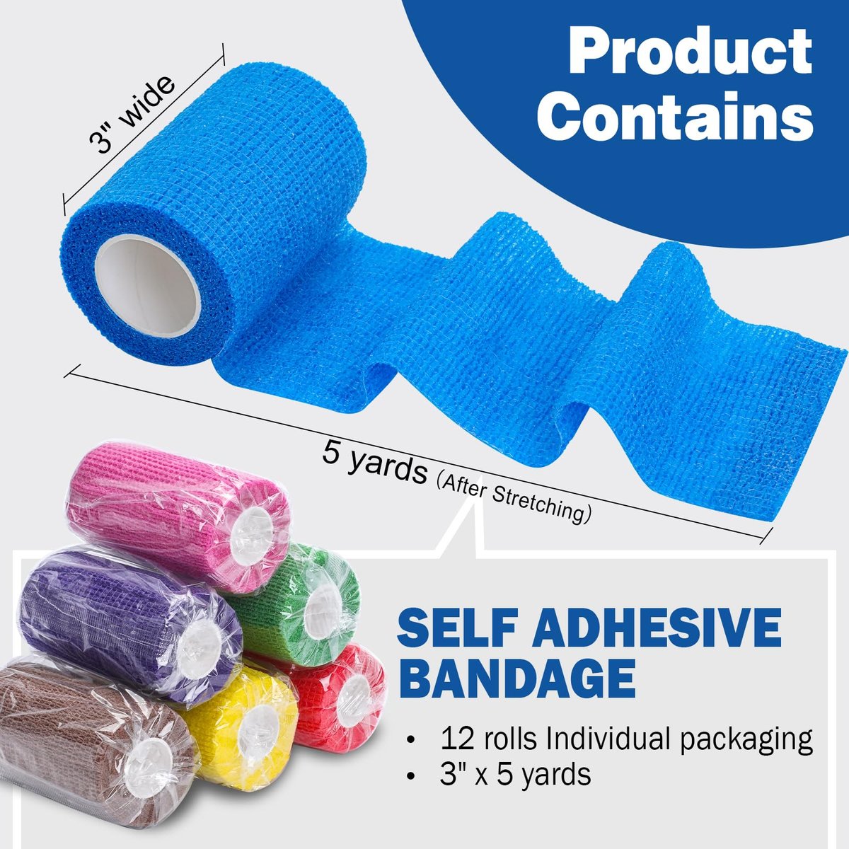 AZEN 12er-Pack Selbstklebende Bandage, 7,6 cm x 4,6 m, Elastische Kohäsivbandage, Veterinärbandage, Knöchelbandage, Tattoo-Griffbandage, Farbiges Sportband