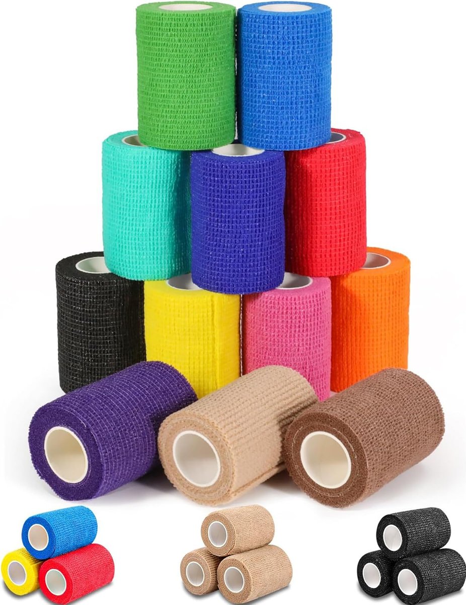 AZEN 12er-Pack Selbstklebende Bandage, 7,6 cm x 4,6 m, Elastische Kohäsivbandage, Veterinärbandage, Knöchelbandage, Tattoo-Griffbandage, Farbiges Sportband