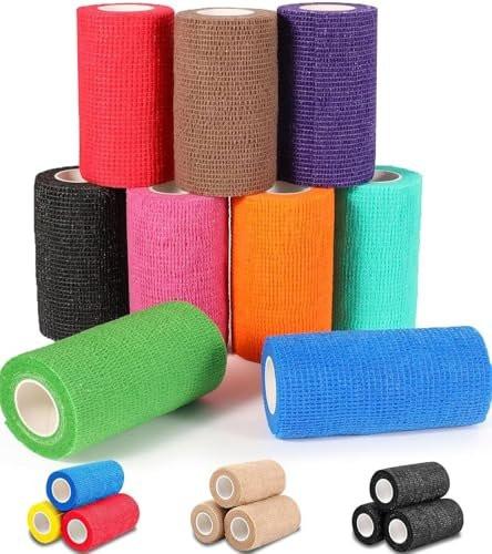 AZEN 9er-Pack Selbstklebende Bandage, 4" x 5 Yards Elastische Kohäsive Bandage, Farbiges Sporttape, Tattoo-Griffband, Veterinärbandage, Knöcheltape