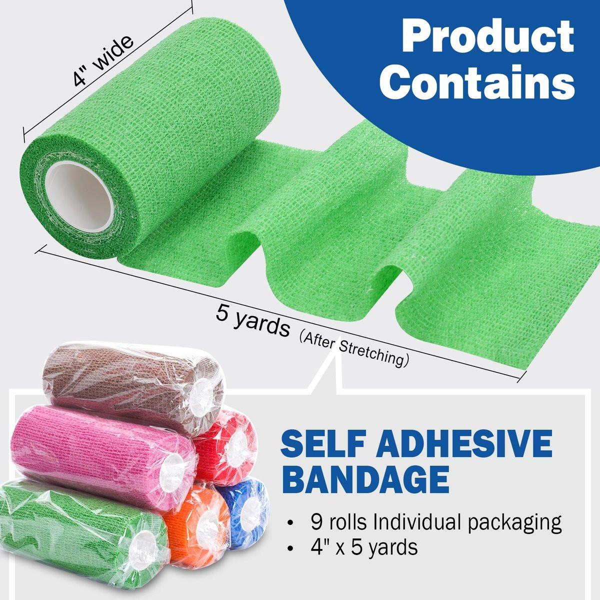 AZEN 9er-Pack Selbstklebende Bandage, 4" x 5 Yards Elastische Kohäsive Bandage, Farbiges Sporttape, Tattoo-Griffband, Veterinärbandage, Knöcheltape