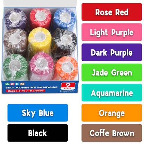 AZEN 24er Pack Selbstklebende Bandage, 3" x 5 Yards Elastische Kohäsive Bandage, Farbiges Sporttape, Tierarzt Tape, Knöchel Tape, Tattoo Grip Tape Wrap