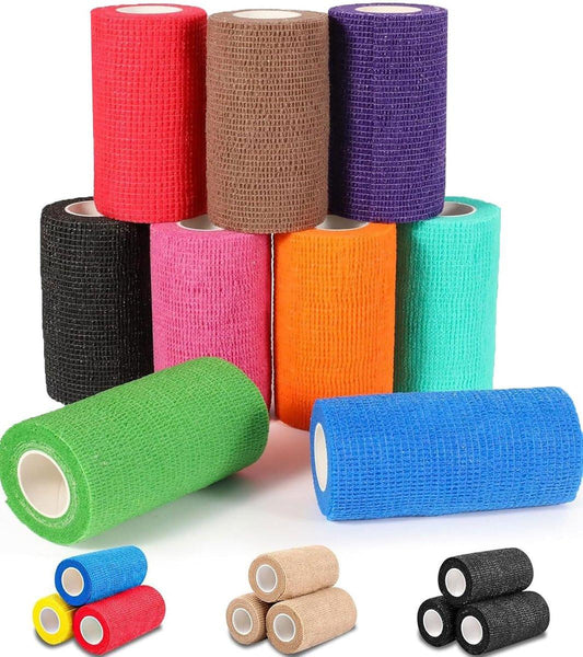 AZEN 9er-Pack Selbstklebende Bandage, 4" x 5 Yards Elastische Kohäsive Bandage, Farbiges Sporttape, Tattoo-Griffband, Veterinärbandage, Knöcheltape