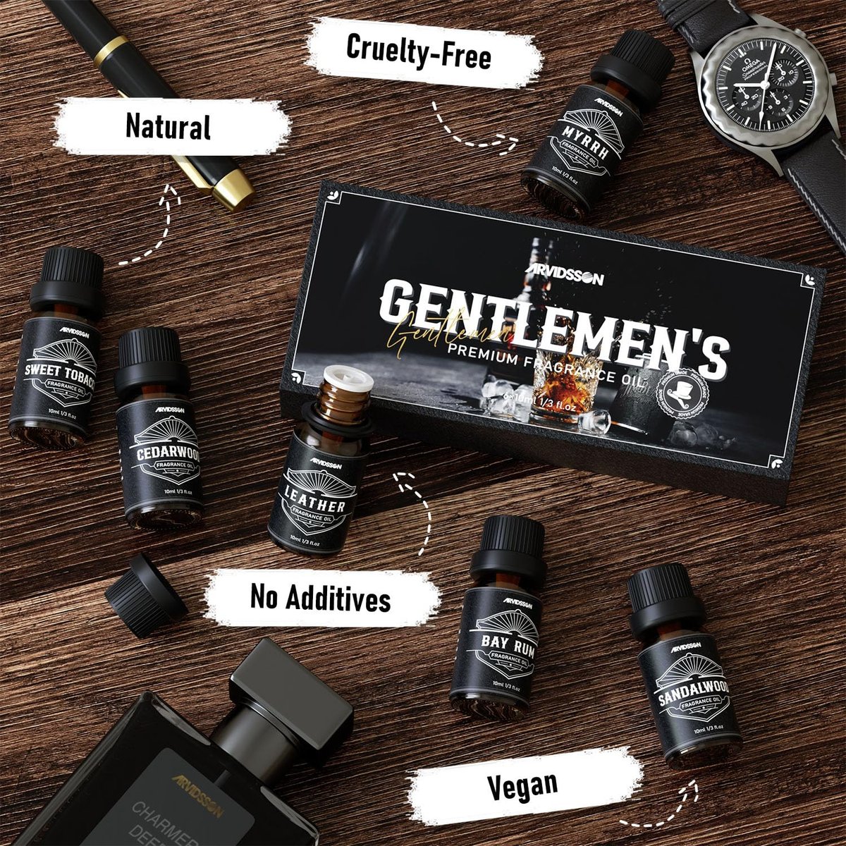 ARVIDSSON Männliche ätherische Öle – Maskuline Duftöle für Diffuser: Sandelholz, Zedernholz, Leder, Süßer Tabak, Bay Rum, Myrrhe – Geschenk für Männer