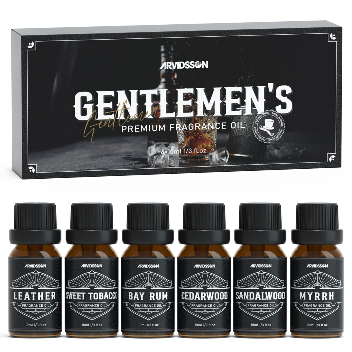 ARVIDSSON Männliche ätherische Öle – Maskuline Duftöle für Diffuser: Sandelholz, Zedernholz, Leder, Süßer Tabak, Bay Rum, Myrrhe – Geschenk für Männer