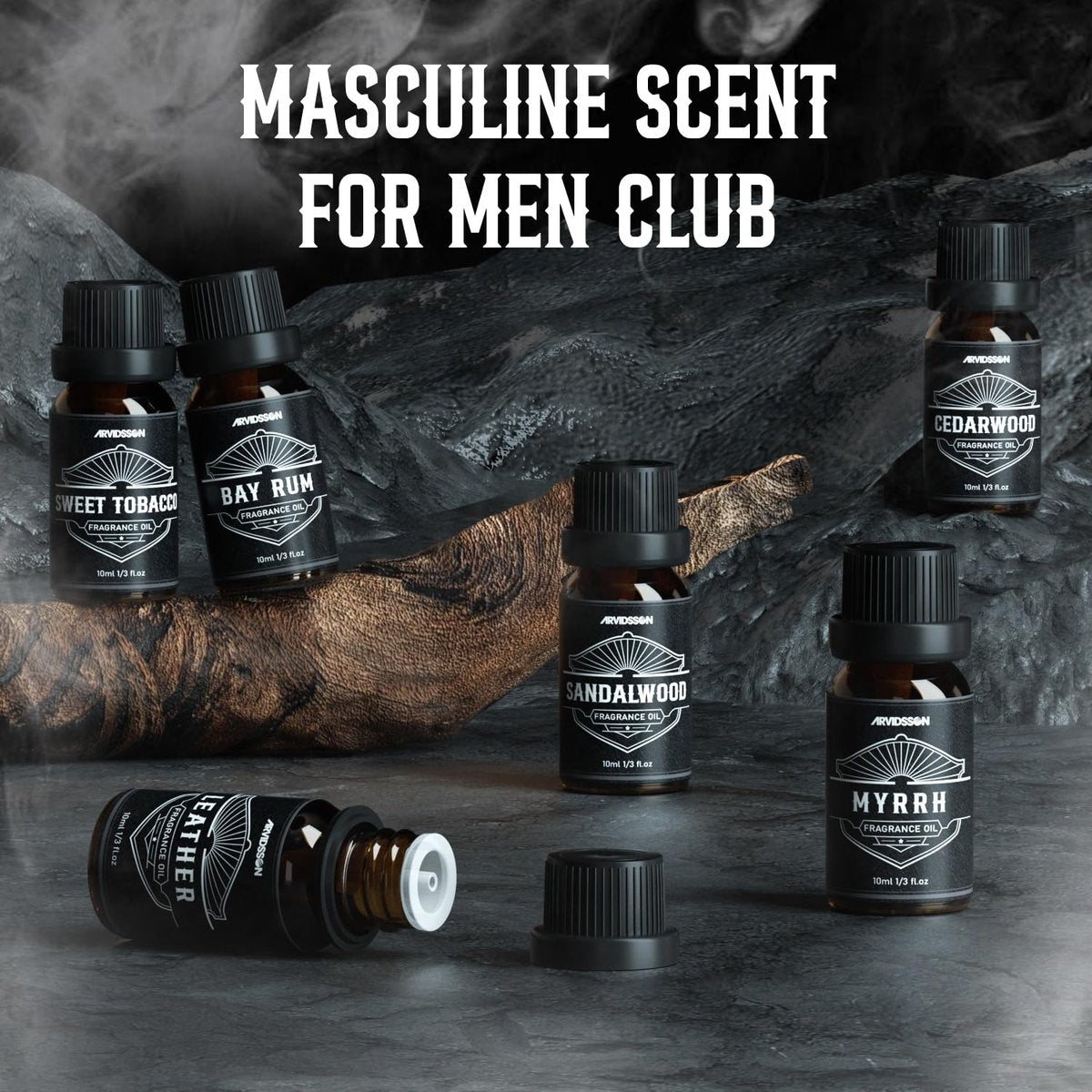 ARVIDSSON Männliche ätherische Öle – Maskuline Duftöle für Diffuser: Sandelholz, Zedernholz, Leder, Süßer Tabak, Bay Rum, Myrrhe – Geschenk für Männer