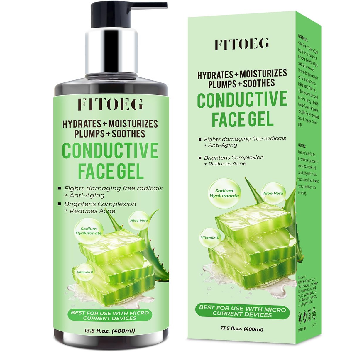 FITOEG Conductive-Gel für Gesichts-Mikrostrom, 13,5 Oz Große Flasche Feuchtigkeitsspendendes Massagegel Serum für Gesichtsgeräte, Leave-On Gel Primer mit Hyaluronsäure, Aloe Vera, Vitamin E