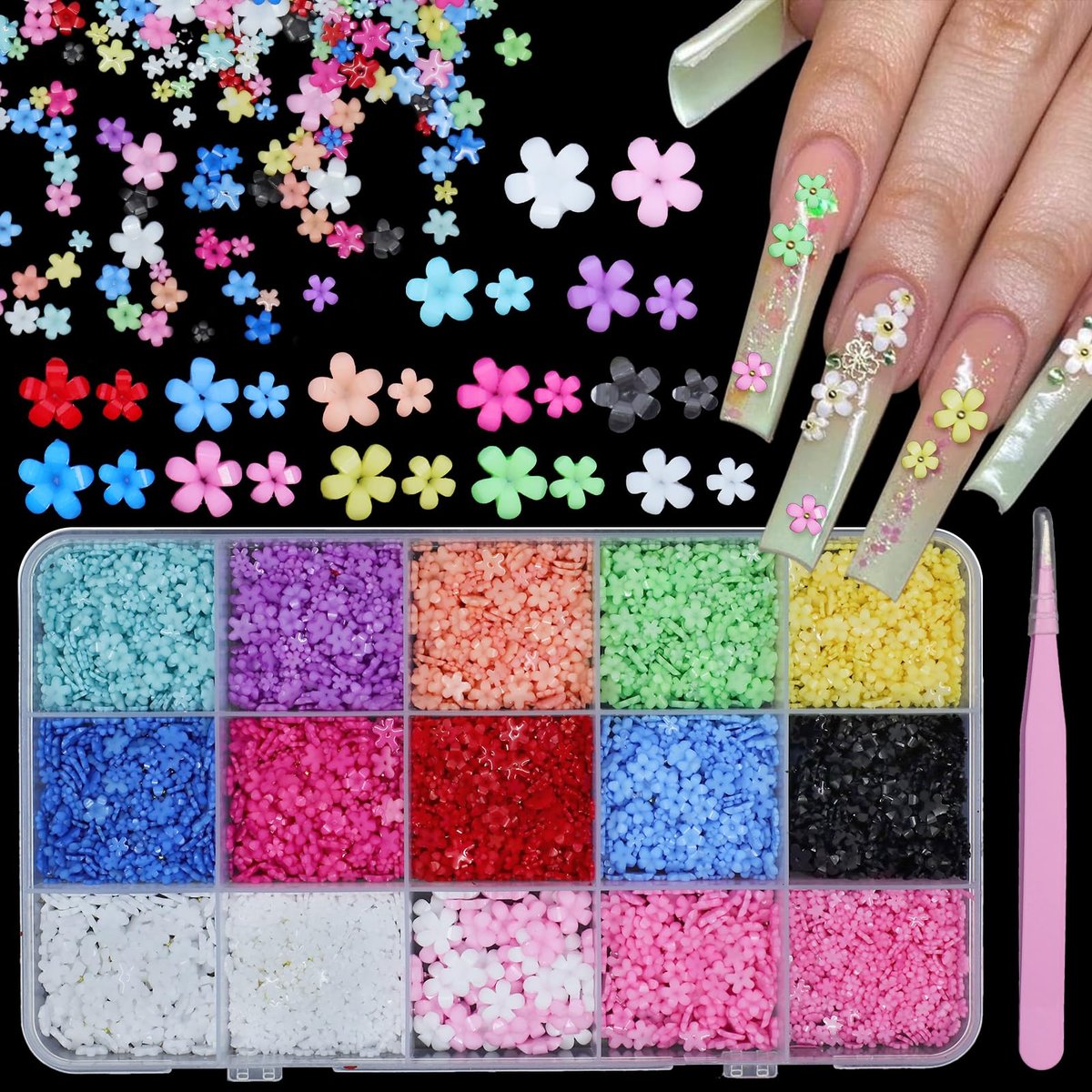 Uotey 3D Farbige Blütenperlen für Nägel, Acryl-Frühlingsblüten, kleine Blumen-Nagelkunstperlen mit goldenen Caviar-Perlen für Nagelkunst-DIY-Maniküre-Schmuckzubehör