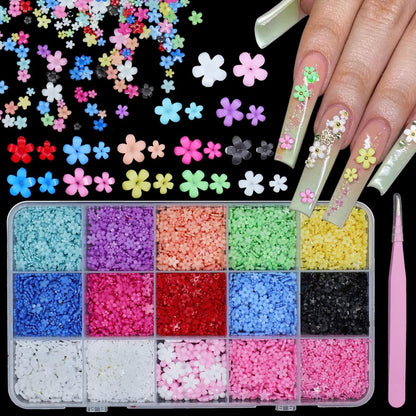 Uotey 3D Farbige Blütenperlen für Nägel, Acryl-Frühlingsblüten, kleine Blumen-Nagelkunstperlen mit goldenen Caviar-Perlen für Nagelkunst-DIY-Maniküre-Schmuckzubehör