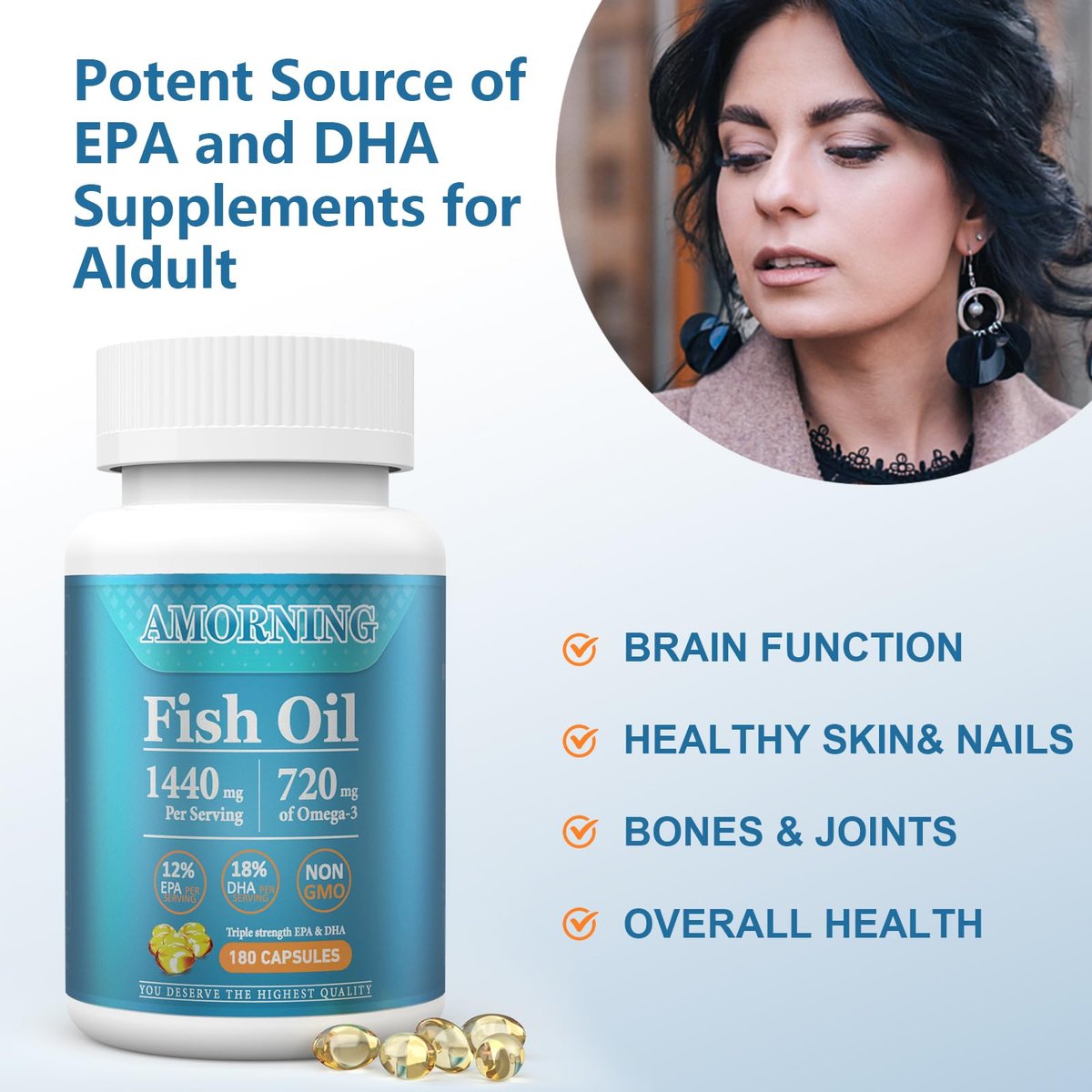 AMORNING Fischöl Omega-3-Fettsäuren Supplement kleine Softgels - 180 Stück, 1440 mg für gesundes Herz, Gehirn, Augen, hoher EPA DHA Gehalt, leicht zu schlucken
