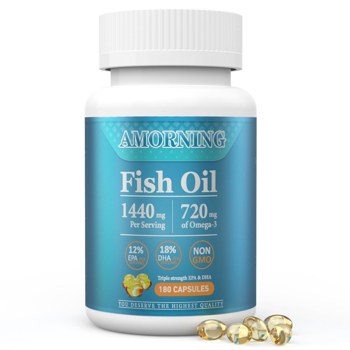 AMORNING Fischöl Omega-3-Fettsäuren Supplement kleine Softgels - 180 Stück, 1440 mg für gesundes Herz, Gehirn, Augen, hoher EPA DHA Gehalt, leicht zu schlucken