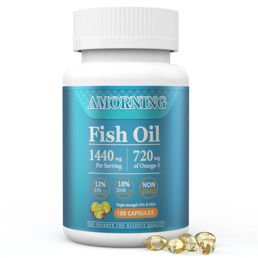 AMORNING Fischöl Omega-3-Fettsäuren Supplement kleine Softgels - 180 Stück, 1440 mg für gesundes Herz, Gehirn, Augen, hoher EPA DHA Gehalt, leicht zu schlucken