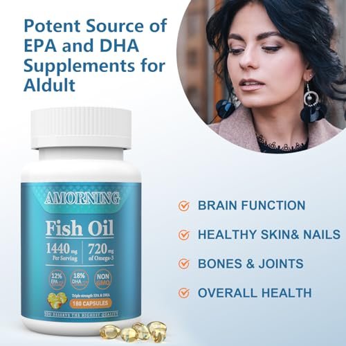 AMORNING Fischöl Omega-3-Fettsäuren Supplement kleine Softgels - 180 Stück, 1440 mg für gesundes Herz, Gehirn, Augen, hoher EPA DHA Gehalt, leicht zu schlucken