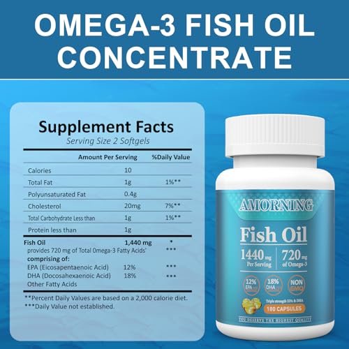 AMORNING Fischöl Omega-3-Fettsäuren Supplement kleine Softgels - 180 Stück, 1440 mg für gesundes Herz, Gehirn, Augen, hoher EPA DHA Gehalt, leicht zu schlucken