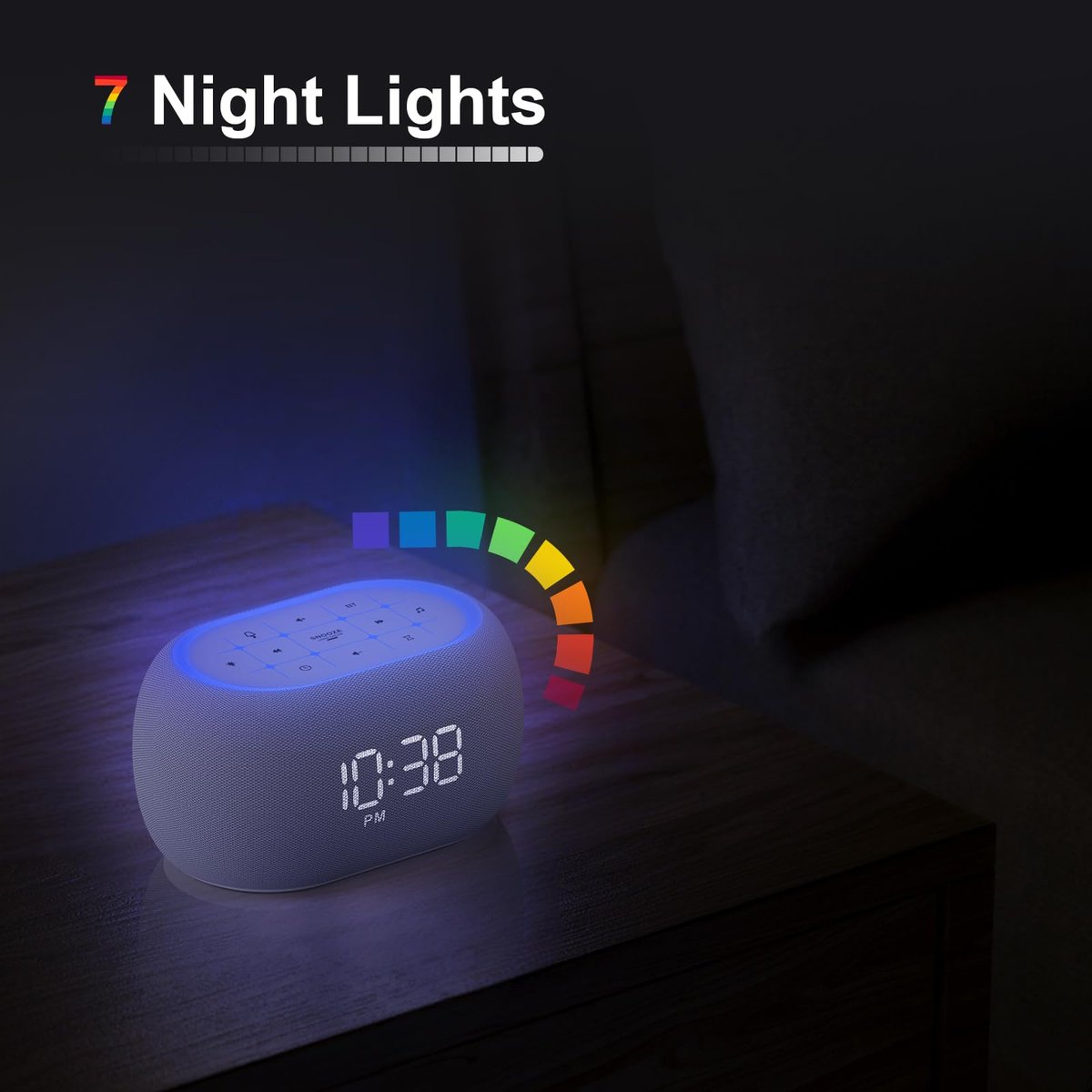 ANJANK Weißes Rauschen Soundmaschine Wecker mit Hi-Fi Bluetooth Lautsprecher, 21 beruhigende Klänge/7 Nachtlichter, 0-100% Dimmer/Schlaf-Timer/Lautstärkeregelung, Einschlafhilfe für Erwachsene & Kinder, Schlafzimmer, Weiß