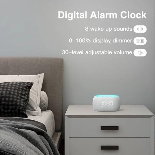 ANJANK Weißes Rauschen Soundmaschine Wecker mit Hi-Fi Bluetooth Lautsprecher, 21 beruhigende Klänge/7 Nachtlichter, 0-100% Dimmer/Schlaf-Timer/Lautstärkeregelung, Einschlafhilfe für Erwachsene & Kinder, Schlafzimmer, Weiß