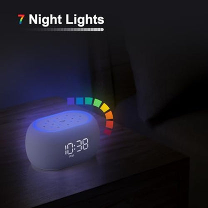 ANJANK Weißes Rauschen Soundmaschine Wecker mit Hi-Fi Bluetooth Lautsprecher, 21 beruhigende Klänge/7 Nachtlichter, 0-100% Dimmer/Schlaf-Timer/Lautstärkeregelung, Einschlafhilfe für Erwachsene & Kinder, Schlafzimmer, Weiß