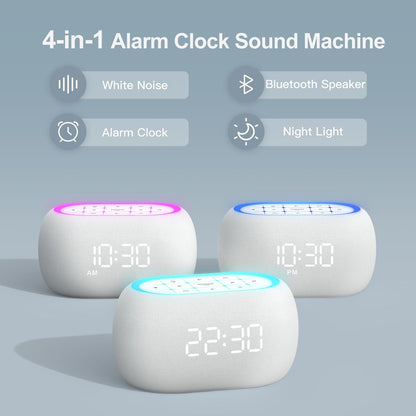 ANJANK Weißes Rauschen Soundmaschine Wecker mit Hi-Fi Bluetooth Lautsprecher, 21 beruhigende Klänge/7 Nachtlichter, 0-100% Dimmer/Schlaf-Timer/Lautstärkeregelung, Einschlafhilfe für Erwachsene & Kinder, Schlafzimmer, Weiß