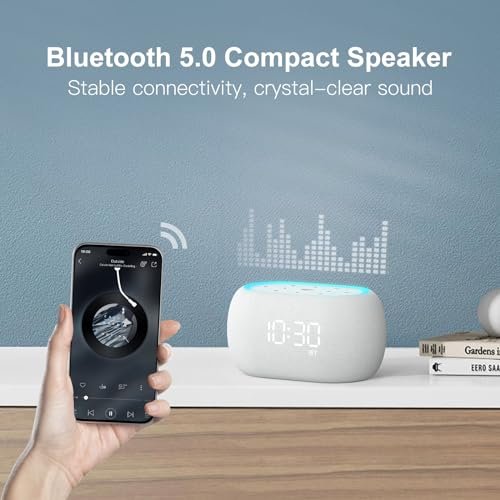 ANJANK Weißes Rauschen Soundmaschine Wecker mit Hi-Fi Bluetooth Lautsprecher, 21 beruhigende Klänge/7 Nachtlichter, 0-100% Dimmer/Schlaf-Timer/Lautstärkeregelung, Einschlafhilfe für Erwachsene & Kinder, Schlafzimmer, Weiß