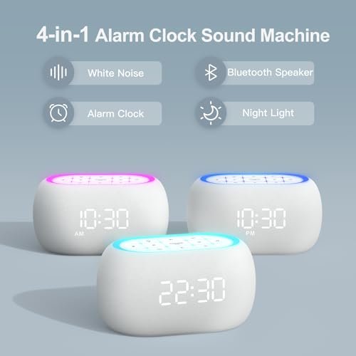 ANJANK Weißes Rauschen Soundmaschine Wecker mit Hi-Fi Bluetooth Lautsprecher, 21 beruhigende Klänge/7 Nachtlichter, 0-100% Dimmer/Schlaf-Timer/Lautstärkeregelung, Einschlafhilfe für Erwachsene & Kinder, Schlafzimmer, Weiß