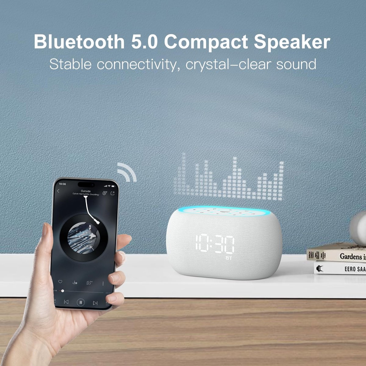 ANJANK Weißes Rauschen Soundmaschine Wecker mit Hi-Fi Bluetooth Lautsprecher, 21 beruhigende Klänge/7 Nachtlichter, 0-100% Dimmer/Schlaf-Timer/Lautstärkeregelung, Einschlafhilfe für Erwachsene & Kinder, Schlafzimmer, Weiß
