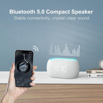 ANJANK Weißes Rauschen Soundmaschine Wecker mit Hi-Fi Bluetooth Lautsprecher, 21 beruhigende Klänge/7 Nachtlichter, 0-100% Dimmer/Schlaf-Timer/Lautstärkeregelung, Einschlafhilfe für Erwachsene & Kinder, Schlafzimmer, Weiß