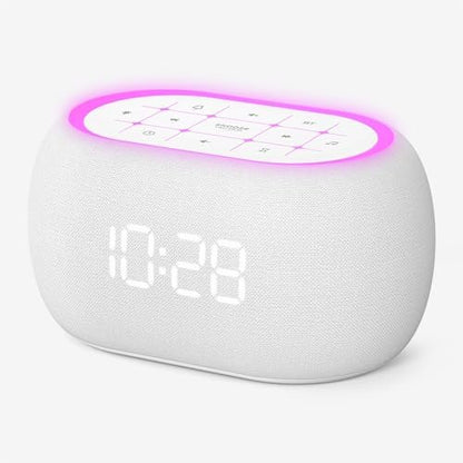 ANJANK Weißes Rauschen Soundmaschine Wecker mit Hi-Fi Bluetooth Lautsprecher, 21 beruhigende Klänge/7 Nachtlichter, 0-100% Dimmer/Schlaf-Timer/Lautstärkeregelung, Einschlafhilfe für Erwachsene & Kinder, Schlafzimmer, Weiß