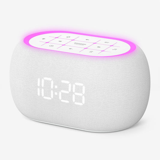 ANJANK Weißes Rauschen Soundmaschine Wecker mit Hi-Fi Bluetooth Lautsprecher, 21 beruhigende Klänge/7 Nachtlichter, 0-100% Dimmer/Schlaf-Timer/Lautstärkeregelung, Einschlafhilfe für Erwachsene & Kinder, Schlafzimmer, Weiß