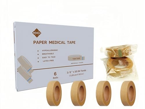 NBLEISHI Hypoallergenes Weiches Papier-Medizinisches Tape, 1,27 cm x 10 Yards (6 Rollen), Selbstklebendes Chirurgisches Tape in Hautfarbe, Atmungsaktiv und Medizinische Qualität, Ideal für Empfindliche Haut, Wundversorgung, Einzeln Verpackt