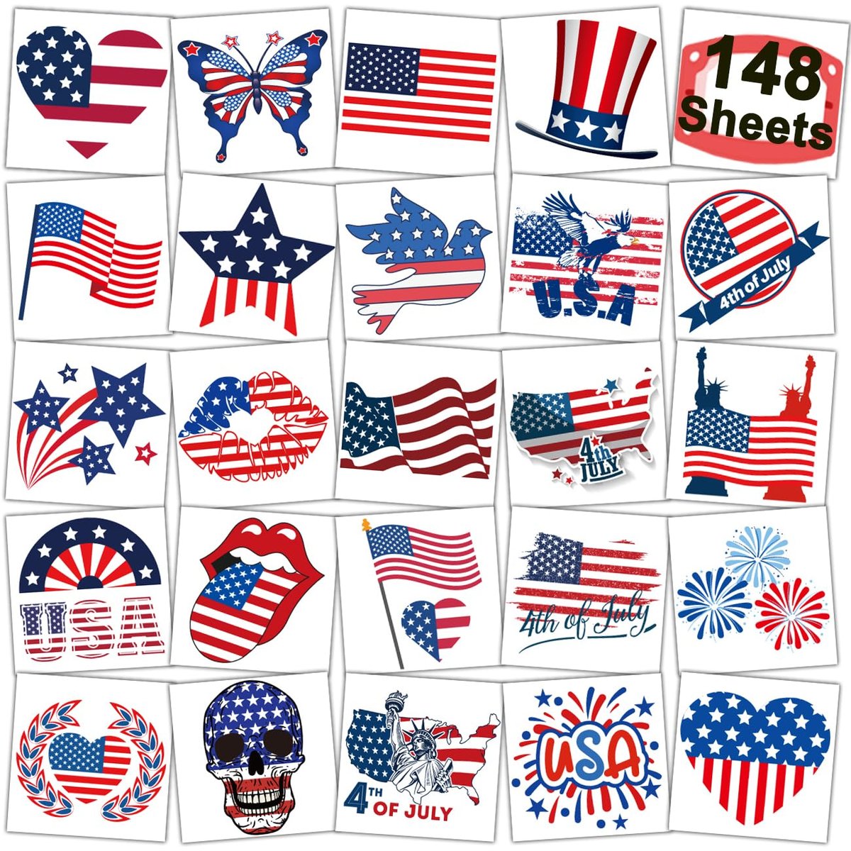 CHARLENT 148 Stück 4. Juli Temporäre Tattoos - Amerikanische Flagge Tattoos für Kinder, Frauen, Männer, Unabhängigkeitstag Party Dekorationen und USA Partygeschenke