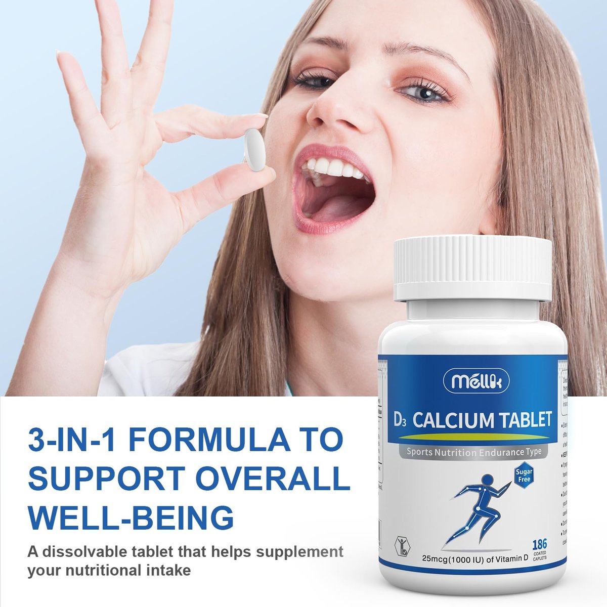 Mellk Calcium-Supplement mit Vitamin D3 1200 mg Magnesium-Mini – 186 Tabletten, ungesüßt, langsame Freisetzung, für Knochengesundheit, Frauen und Männer, Nahrungsergänzungsmittel, leicht zu schlucken, zuckerfrei