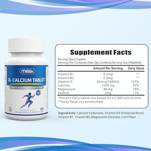 Mellk Calcium-Supplement mit Vitamin D3 1200 mg Magnesium-Mini – 186 Tabletten, ungesüßt, langsame Freisetzung, für Knochengesundheit, Frauen und Männer, Nahrungsergänzungsmittel, leicht zu schlucken, zuckerfrei