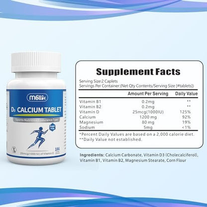Mellk Calcium-Supplement mit Vitamin D3 1200 mg Magnesium-Mini – 186 Tabletten, ungesüßt, langsame Freisetzung, für Knochengesundheit, Frauen und Männer, Nahrungsergänzungsmittel, leicht zu schlucken, zuckerfrei