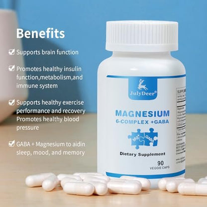 JulyDeer Sechsfacher Magnesiumkomplex | 350 mg Magnesiumglycinat, Malat, Citrat, Taurin, Oxid, Mg+ für Muskeln, Nerven & Energie, GABA Schlafunterstützung | Hohe Absorption | Vegan | 90 Kapseln