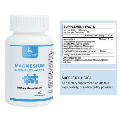 JulyDeer Sechsfacher Magnesiumkomplex | 350 mg Magnesiumglycinat, Malat, Citrat, Taurin, Oxid, Mg+ für Muskeln, Nerven & Energie, GABA Schlafunterstützung | Hohe Absorption | Vegan | 90 Kapseln