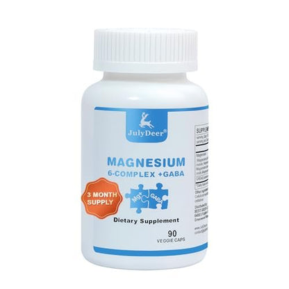 JulyDeer Sechsfacher Magnesiumkomplex | 350 mg Magnesiumglycinat, Malat, Citrat, Taurin, Oxid, Mg+ für Muskeln, Nerven & Energie, GABA Schlafunterstützung | Hohe Absorption | Vegan | 90 Kapseln