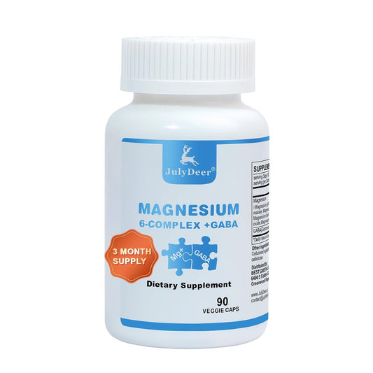 JulyDeer Sechsfacher Magnesiumkomplex | 350 mg Magnesiumglycinat, Malat, Citrat, Taurin, Oxid, Mg+ für Muskeln, Nerven & Energie, GABA Schlafunterstützung | Hohe Absorption | Vegan | 90 Kapseln