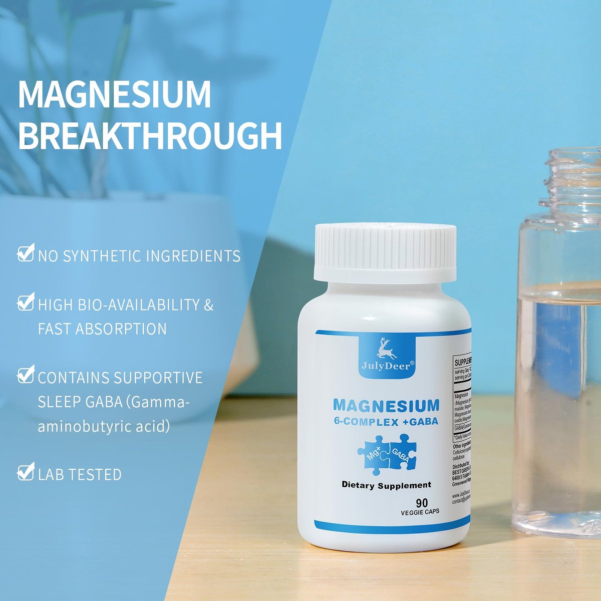 JulyDeer Sechsfacher Magnesiumkomplex | 350 mg Magnesiumglycinat, Malat, Citrat, Taurin, Oxid, Mg+ für Muskeln, Nerven & Energie, GABA Schlafunterstützung | Hohe Absorption | Vegan | 90 Kapseln