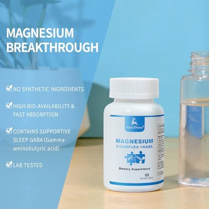 JulyDeer Sechsfacher Magnesiumkomplex | 350 mg Magnesiumglycinat, Malat, Citrat, Taurin, Oxid, Mg+ für Muskeln, Nerven & Energie, GABA Schlafunterstützung | Hohe Absorption | Vegan | 90 Kapseln