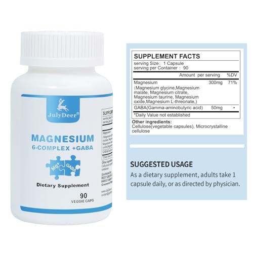 JulyDeer Sechsfacher Magnesiumkomplex | 350 mg Magnesiumglycinat, Malat, Citrat, Taurin, Oxid, Mg+ für Muskeln, Nerven & Energie, GABA Schlafunterstützung | Hohe Absorption | Vegan | 90 Kapseln