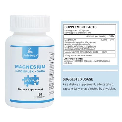 JulyDeer Sechsfacher Magnesiumkomplex | 350 mg Magnesiumglycinat, Malat, Citrat, Taurin, Oxid, Mg+ für Muskeln, Nerven & Energie, GABA Schlafunterstützung | Hohe Absorption | Vegan | 90 Kapseln