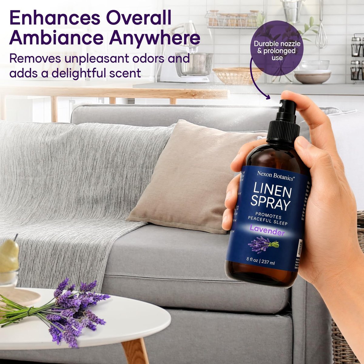 Lavendel Leinenspray 240 ml – Erfrischender Stofferfrischer & Kissen Spray für Bettwäsche, Bettlaken & Raum – Beruhigender Raumnebel – Nexon Botanics