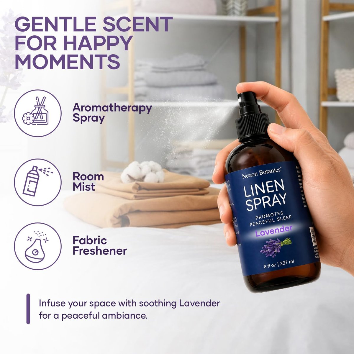 Lavendel Leinenspray 240 ml – Erfrischender Stofferfrischer & Kissen Spray für Bettwäsche, Bettlaken & Raum – Beruhigender Raumnebel – Nexon Botanics