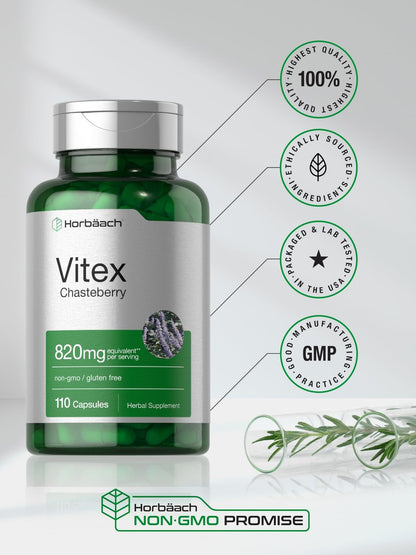 Horbäach Vitex-Beere | 110 Kapseln | Mönchspfeffer für Frauen | Agnus-Castus-Frucht | Non-GMO, Glutenfrei