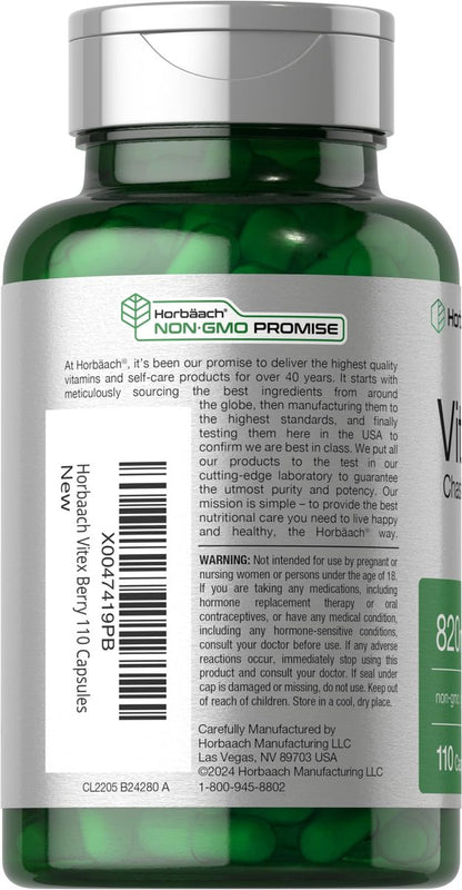 Horbäach Vitex-Beere | 110 Kapseln | Mönchspfeffer für Frauen | Agnus-Castus-Frucht | Non-GMO, Glutenfrei