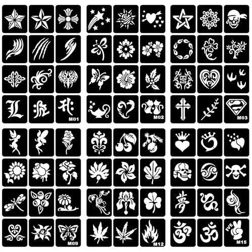 Temporäre Tattoo-Schablonen Set - 6 Blatt, A4 Größe, Stern- und Blumen-Henna-Designs für Kinder und Erwachsene - Glitzer-Henna-Gesichts- und Körperbemalungsschablonen