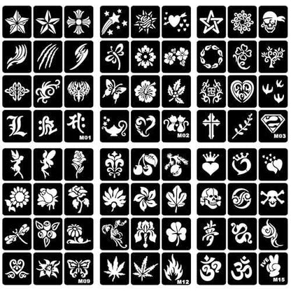 Temporäre Tattoo-Schablonen Set - 6 Blatt, A4 Größe, Stern- und Blumen-Henna-Designs für Kinder und Erwachsene - Glitzer-Henna-Gesichts- und Körperbemalungsschablonen