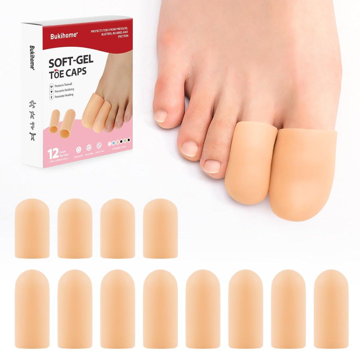 Bukihome 12er-Pack Gel-Zehenkappen, Zehenschützer für Damen und Herren – Polsterung und Schutz für die Zehen, lindert Schmerzen durch eingewachsene Zehennägel, Hühneraugen, Blasen, Hammerzehen (8L + 4S)